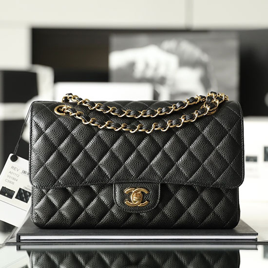 μεσαίο κλασικό Chanel Chaviar Leather Flap Bag μαύρο με χρυσό A01112