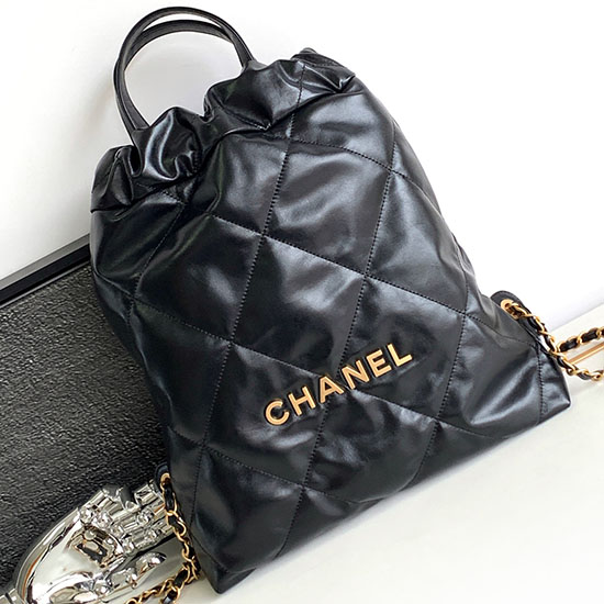 Chanel 22 Shiny Calfskin Backpack Black with Gold AS3859