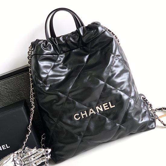 Chanel 22 Shiny Calfskin Backpack Black with Silver AS3859