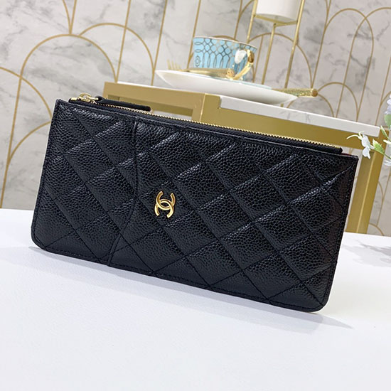 Chanel Caviar Phone Holder Long Zip Wallet Black A84402