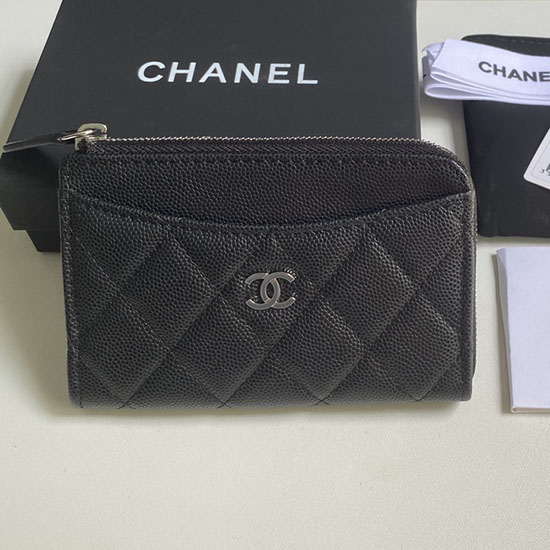 Chanel Grain Calfskin Zip Card Holder AP3179 Black with Silver