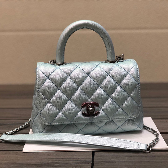 Chanel Mini Flap Bag with Top Handle Shiny Blue AS2215