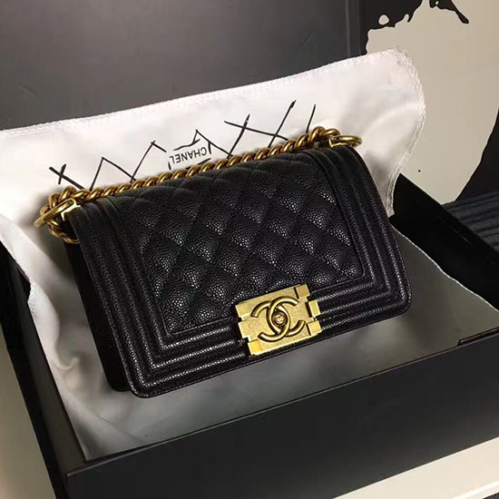 Chanel Small Quilted Caviar Boy Bag Black Gold A13043