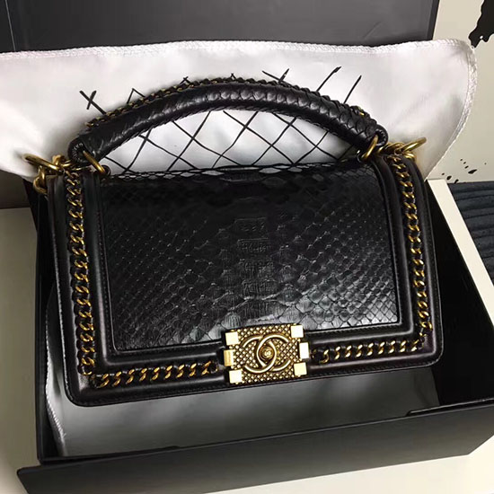 Chanel Snake Leather Boy Bag with Top Handle Black Gold A14041