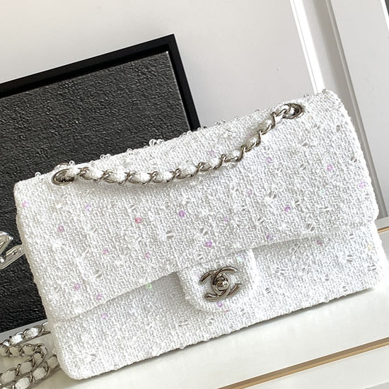 Chanel Tweed Medium Flap Bag White CF1112