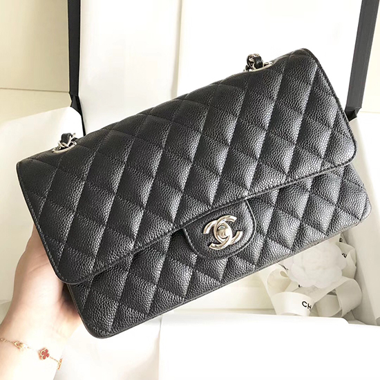 Classic Chanel Caviar Leather Bag Black with Silver Hardware A1112