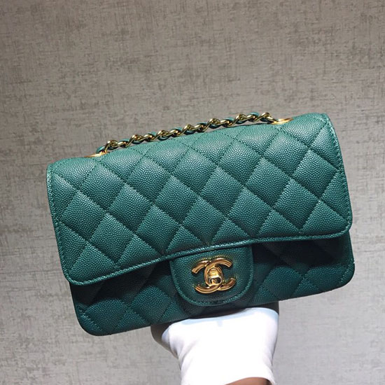 Classic Chanel Grained Calfskin Small Flap Bag Green with Gold Hardware CF1116