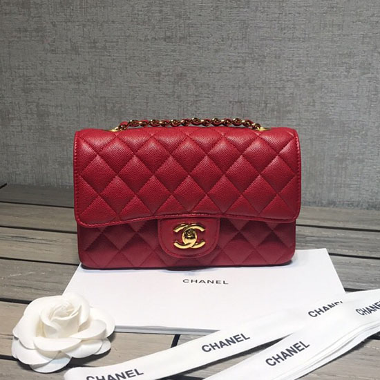 Classic Chanel Grained Calfskin Small Flap Bag Red with Gold Hardware CF1116