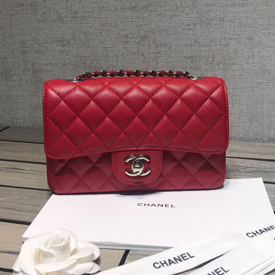 Classic Chanel Grained Calfskin Small Flap Bag Red with Silver Hardware CF1116