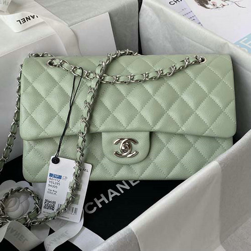 Classic Chanel Medium Flap Bag Green with Silver CF1112