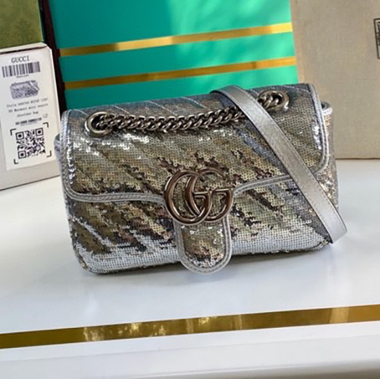 Gucci GG Marmont Mini Sequin Shoulder Bag Silver 446744