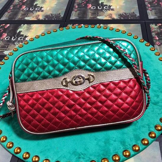 Gucci Laminated Leather Small Shoulder Bag Green and Red 541061