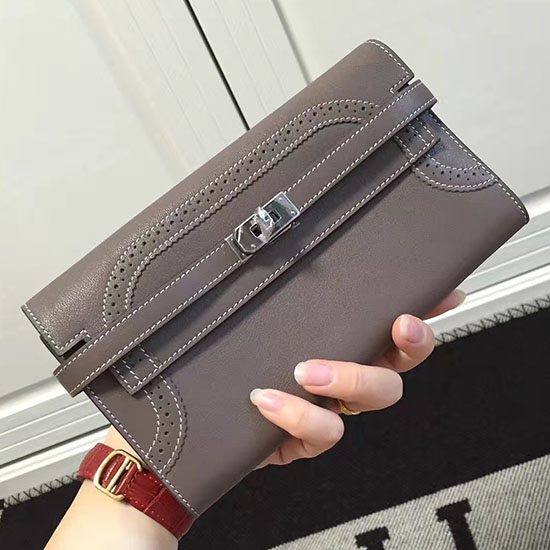 Hermes Kelly Clutch Bag in Grey Swift Leather HK1210