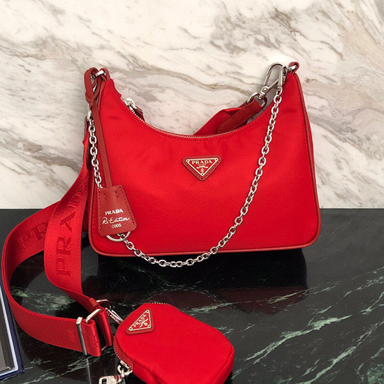 Prada Nylon Hobo Bag Red 1BH204