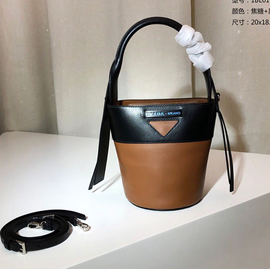 Prada Ouverture Leather Bucket Bag Brown and Black 1BE015