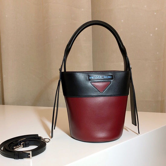 Prada Ouverture Leather Bucket Bag Burgundy and Black 1BE015