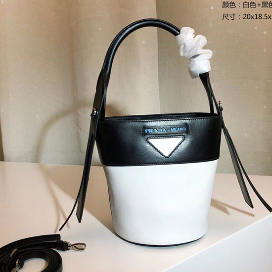 Prada Ouverture Leather Bucket Bag White and Black 1BE015