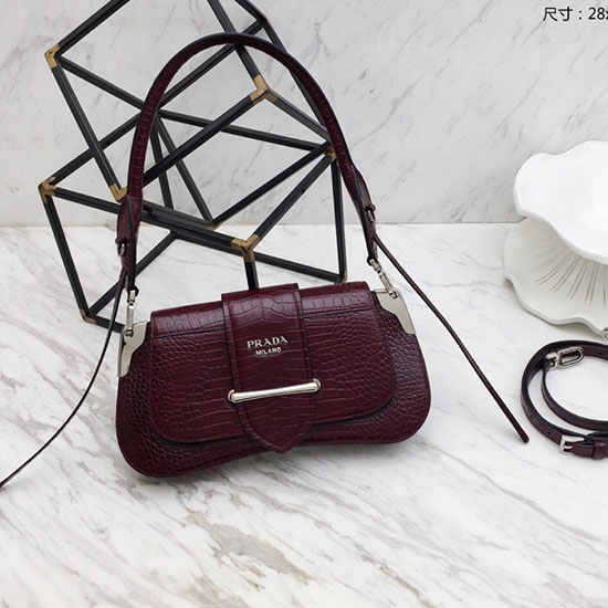 Prada Sidonie Croco Shoulder Bag Burgundy 1BD168