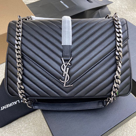 Saint Laurent Large Matelasse Leather Shoulder Bag Black with Silver 392738