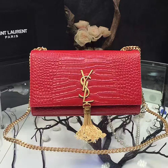 Saint Laurent Medium Kate Monogram Tassel Croco Leather Shoulder Bag Red Y121230