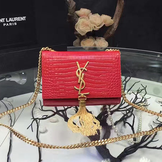 Saint Laurent Small Kate Monogram Tassel Croco Leather Shoulder Bag Red Y121220