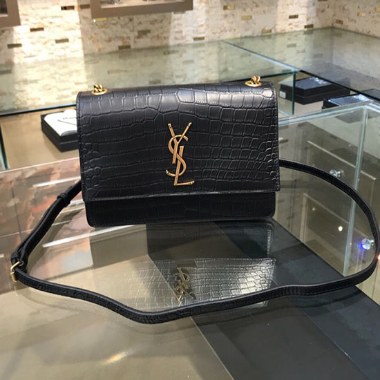 Saint Laurent Unset Small in Black Crocodile Embossed Leather 515822