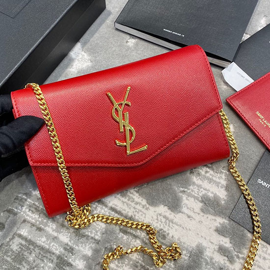 Saint Laurent Uptown Chain Wallet in Grain Leather Red 607788