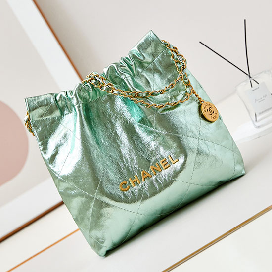 Small Chanel 22 Handbag AS3260 Metallic Green