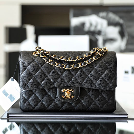 Small Classic Chanel Caviar Leather Flap Bag Black with Gold A01113