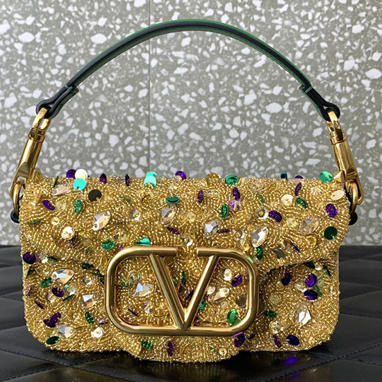 Valentino Small Loco Shoulder Bag With 3D Embroidery Gold V5035