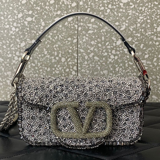 Valentino Small Loco Shoulder Bag With 3D Embroidery Silver V5039