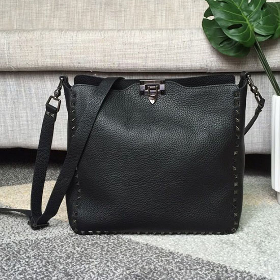 Valentino Soft Calfskin Hobo Bag Black with Black Spikes V50031