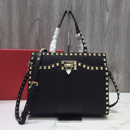 Valentino Textured Calfskin Small Rockstud Top Handle Bag Black V6500