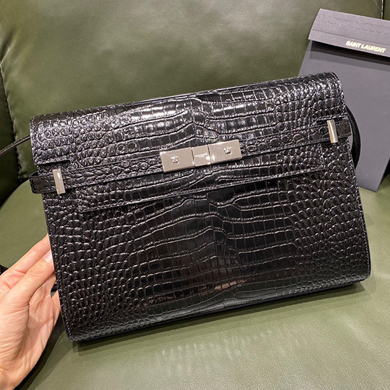 YSL Manhattan Shoulder Bag in Black Crocodile-embossed Silver 579271