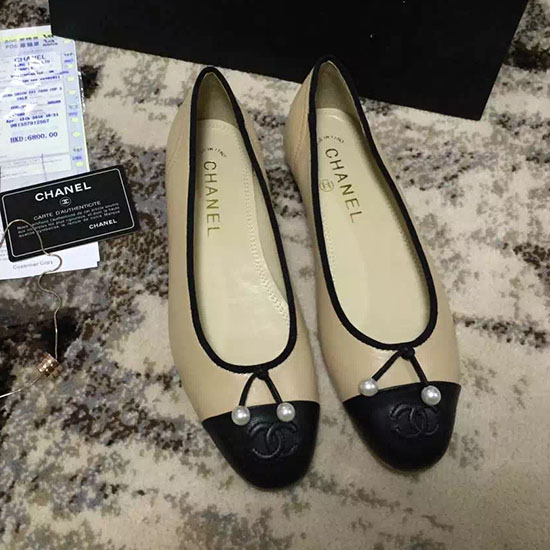 Bailarinas Chanel De Piel De Cordero Color Canela Puntera Negra Ch1620