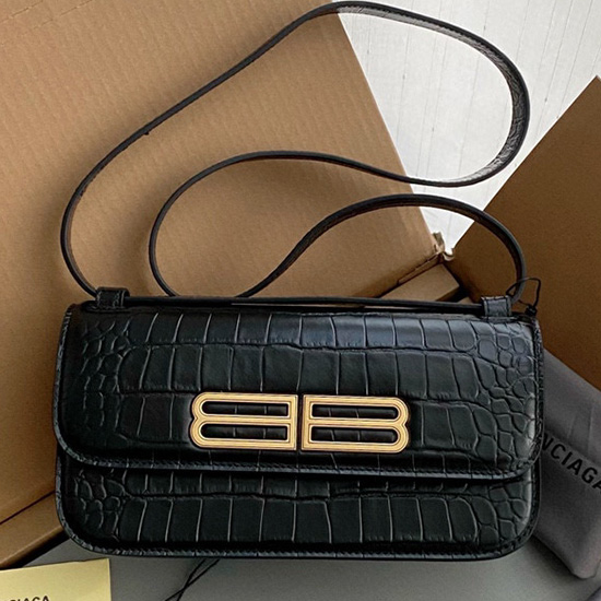 Balenciaga Bolso De Hombro Gossip Pequeño De Piel Con Relieve De Cocodrilo Negro 674693