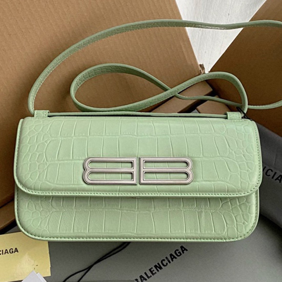 Balenciaga Bolso De Hombro Gossip Pequeño De Piel Con Relieve De Cocodrilo Verde Claro 674693