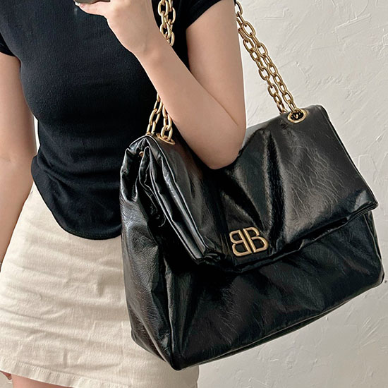 Balenciaga Monaco Bolso Grande Con Cadena Negro Con Dorado B765933