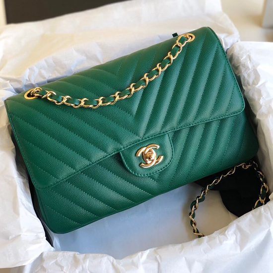 Bolso Chanel Clásico Con Solapa De Piel De Becerro Granulada Verde Cf1112