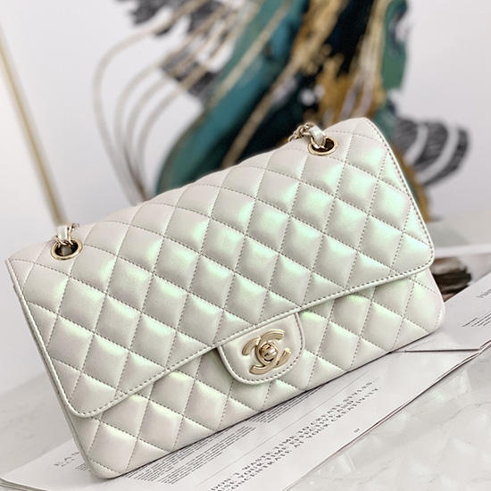 Bolso Chanel Clásico Con Solapa Mediana De Piel De Cordero Blanco Cf1112