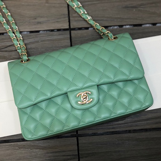 Bolso Chanel Clásico Con Solapa Mediana De Piel De Cordero Verde Cf1112