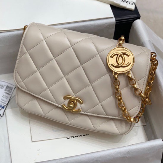 Bolso Chanel Con Solapa De Piel De Cordero Blanco As2222