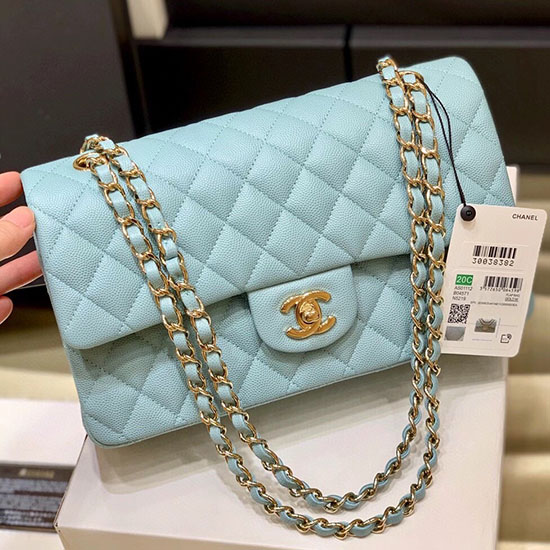 Bolso Clásico Chanel De Piel De Becerro Granulada Azul A01112