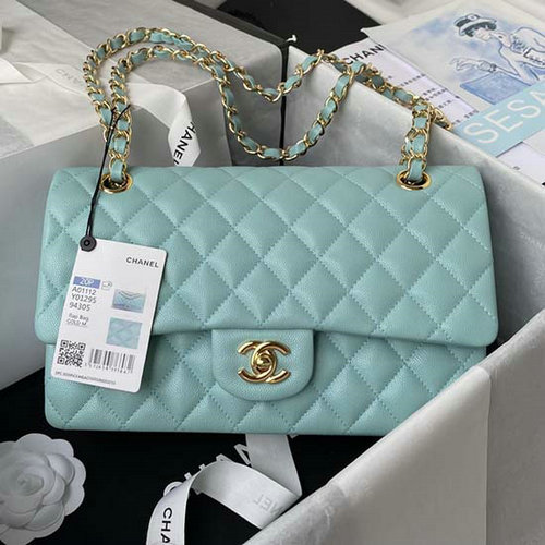 Bolso Clásico Chanel Mediano Con Solapa Azul Con Dorado Cf1112