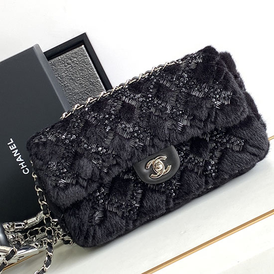 Bolso Clásico Con Solapa Mediana De Lana Chanel Negro As6868