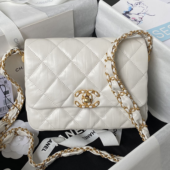 Bolso De Hombro Chanel De Piel De Becerro Envejecida Brillante Blanco As4423