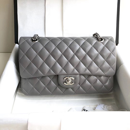 Bolso De Hombro Clásico Chanel Con Solapa De Piel De Cordero Gris A1112