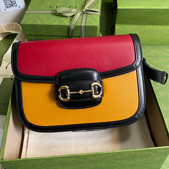 Bolso De Hombro Pequeño Gucci Horsebit 1955 Rojo Y Amarillo 602204