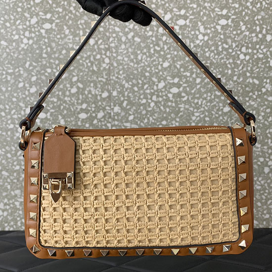 Bolso De Hombro Pequeño Valentino Rockstud De Rafia V03111