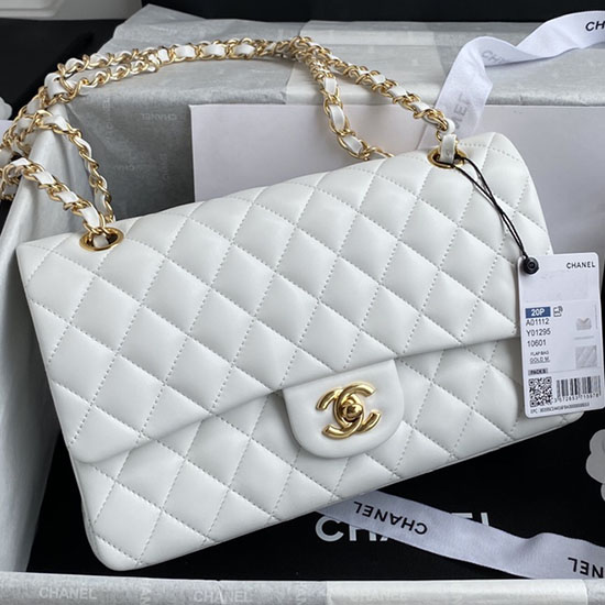 Bolso De Mano Mediano Clásico Con Solapa Blanco Con Dorado A01112